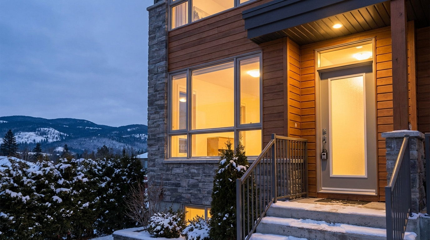 Modern Alberta townhouse short-term rental at dusk with a lockbox by the front door and foothills in the background