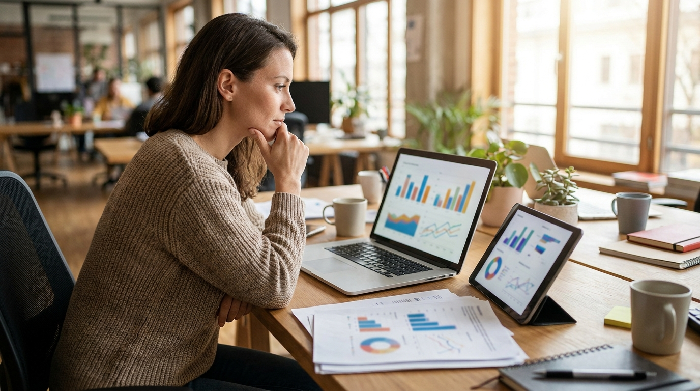 Small business owner comparing mismatched conversion numbers across three marketing dashboards on a laptop, tablet, and printed report