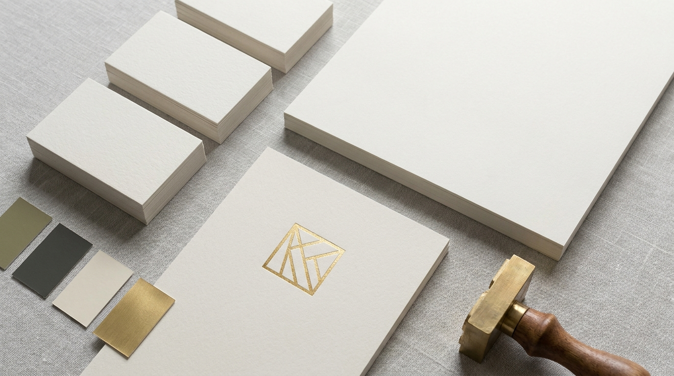 Overhead view of a finished premium brand identity package with embossed business cards, letterhead, foil-stamped logo mark, and colour palette swatches