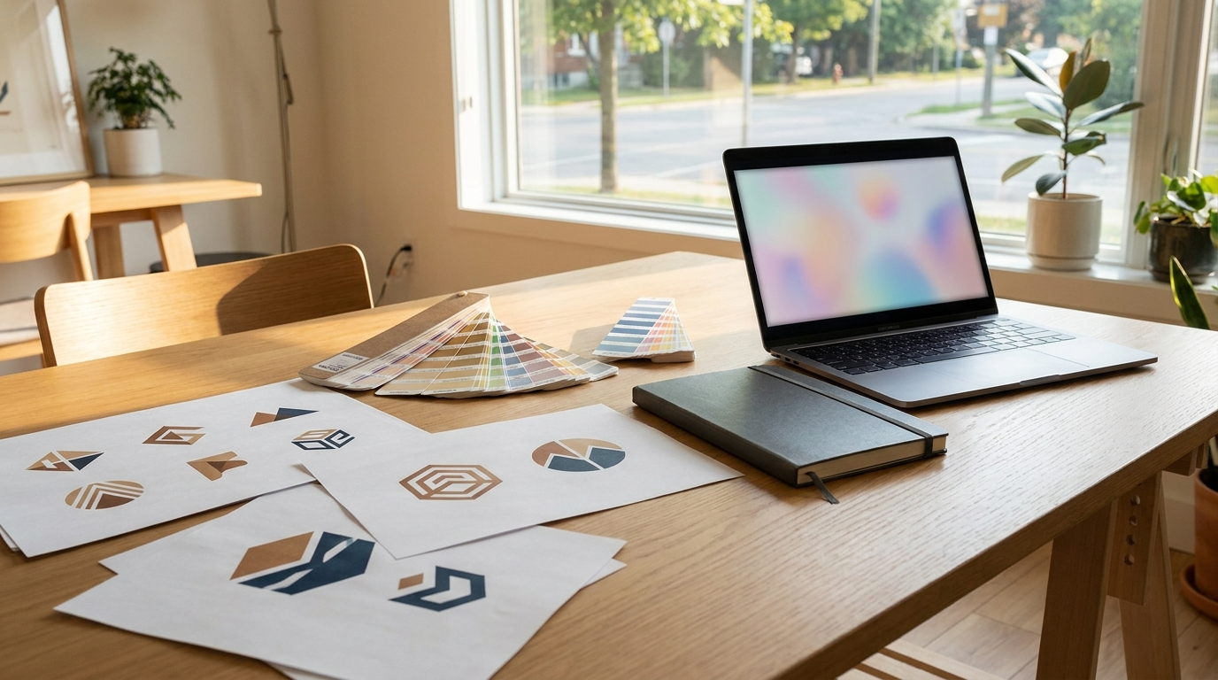 Designer workspace during a Canadian brand identity project with logo concept sketches, colour swatch cards, and Pantone chips on a desk