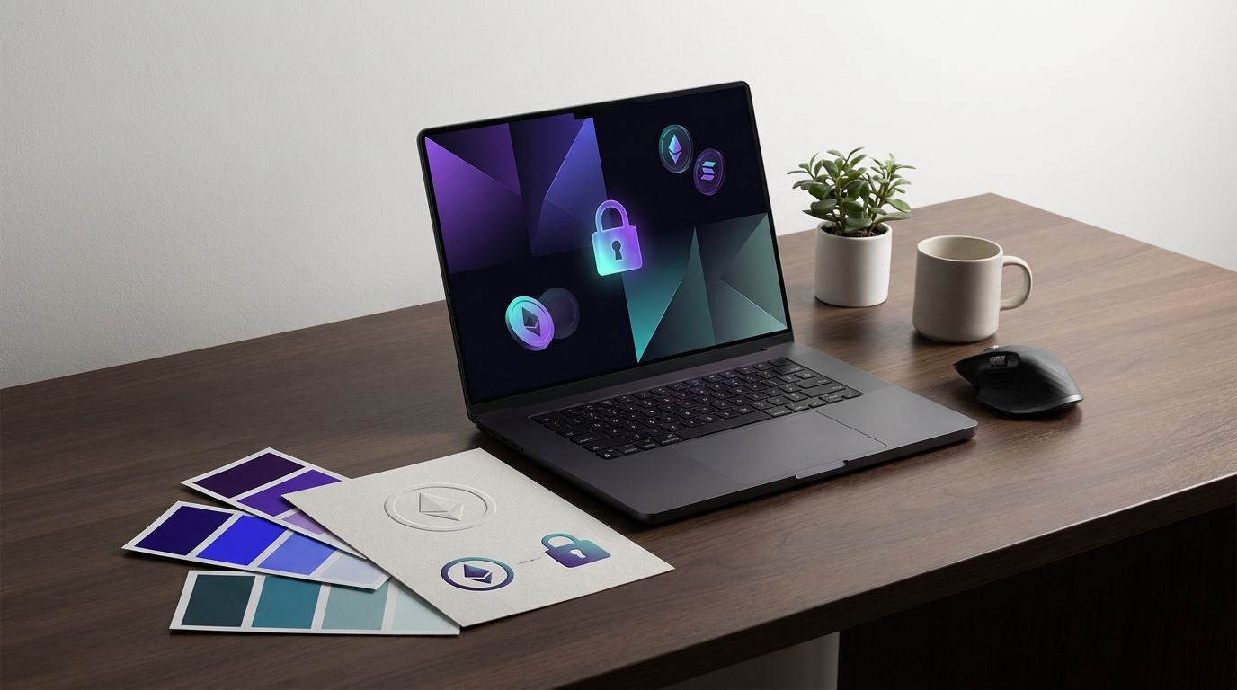 A Web3 brand design workspace with a crypto token style guide and security padlock
