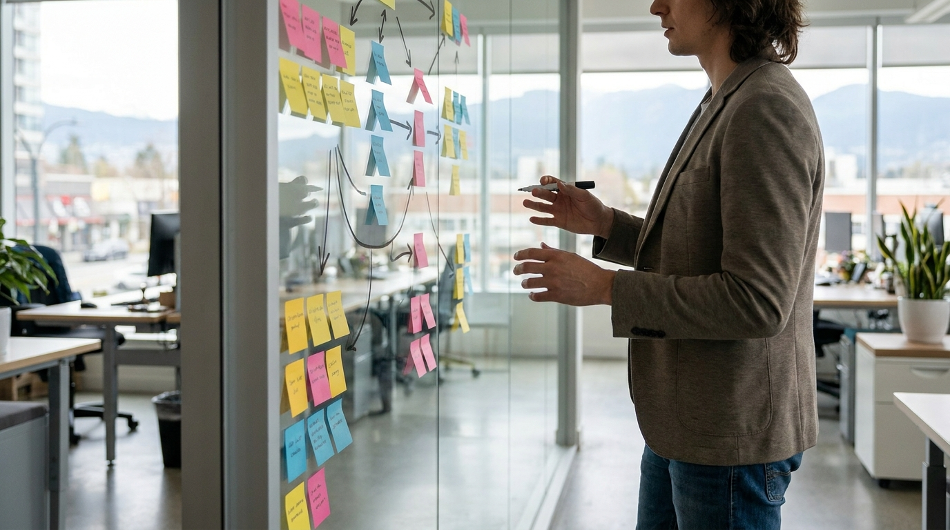 Marketing strategist mapping a customer journey with sticky notes and arrows from first ad click to final purchase