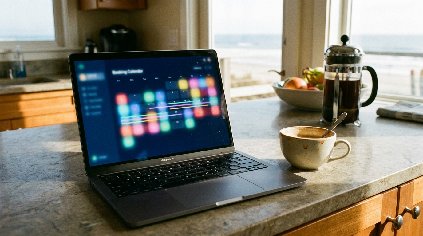 Direct booking calendar on a laptop inside a vacation rental