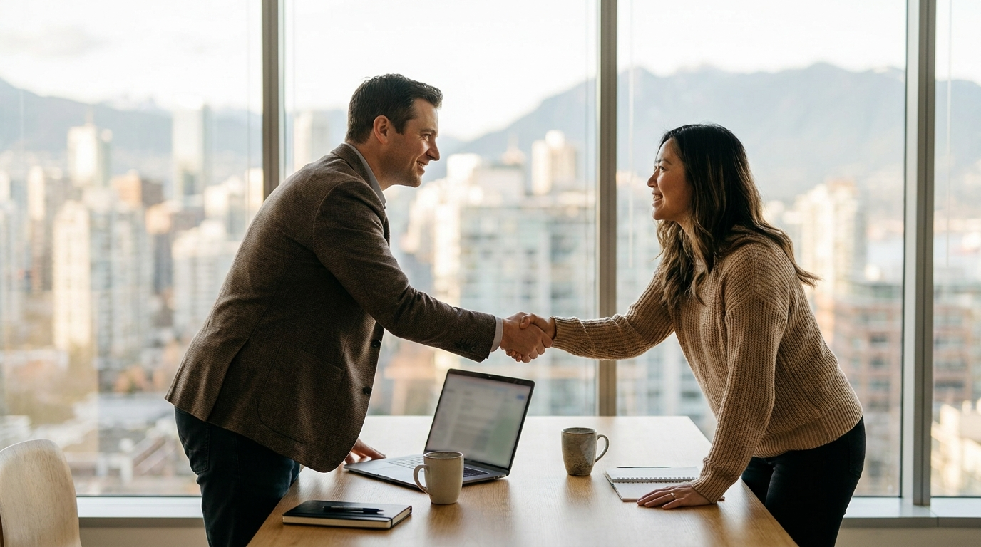 Two professionals closing a partnership that earns a natural backlink instead of a paid placement