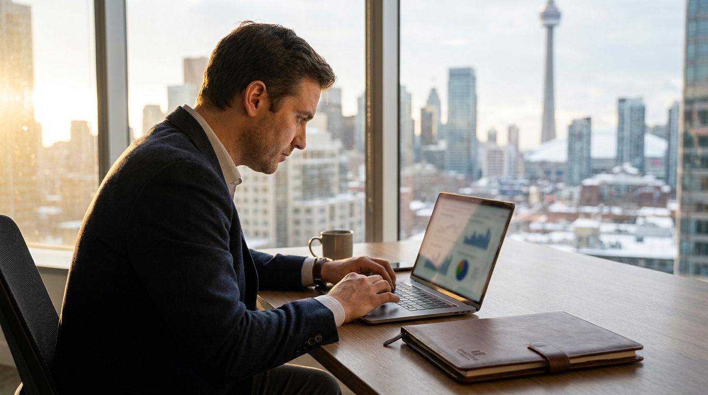 A Canadian professional services lawyer reviewing advertising performance data on a laptop in a downtown office