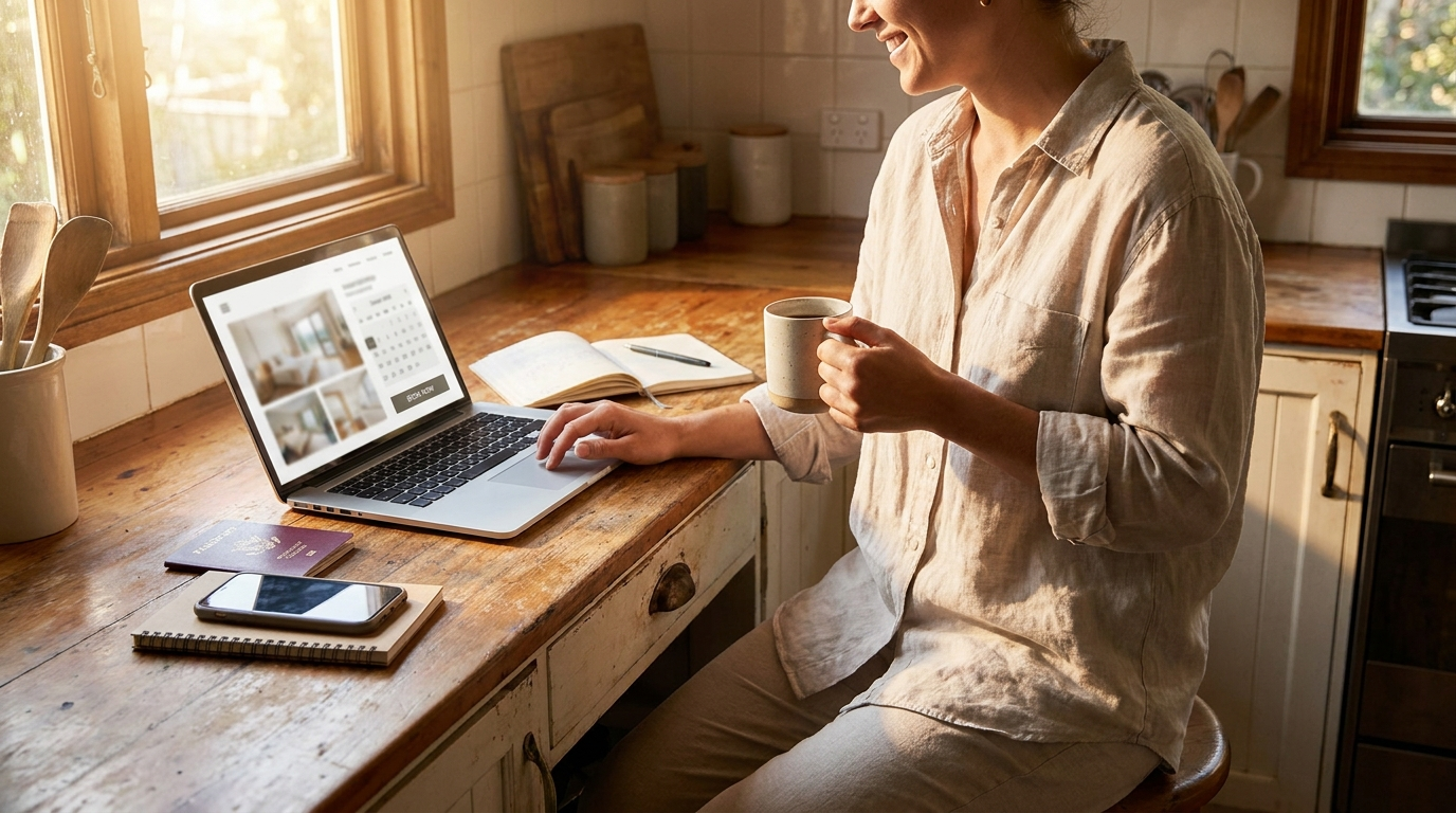 Traveler booking a vacation stay directly on a rental website from a laptop at a kitchen counter