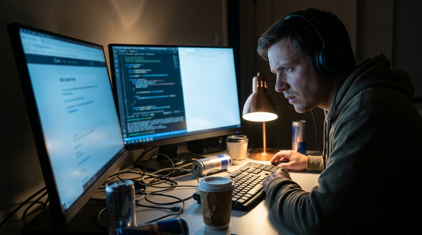 Developer performing emergency triage on a hacked WordPress site at a dual-monitor workstation