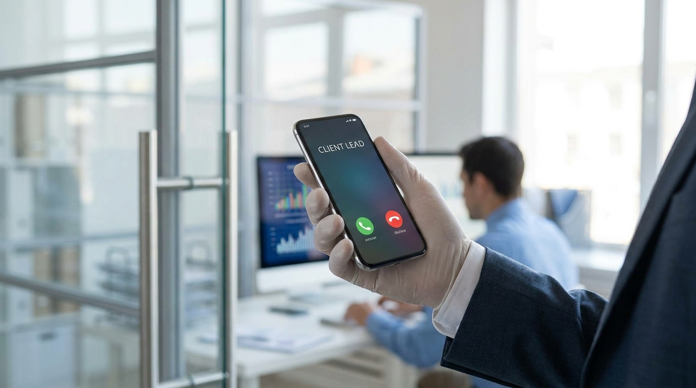 A professional answering an inbound phone call lead in a Canadian accounting office