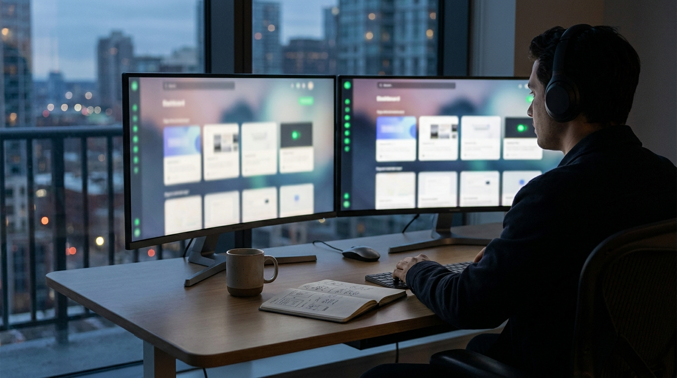 A web agency operator monitoring multiple client website dashboards with status indicators across two monitors