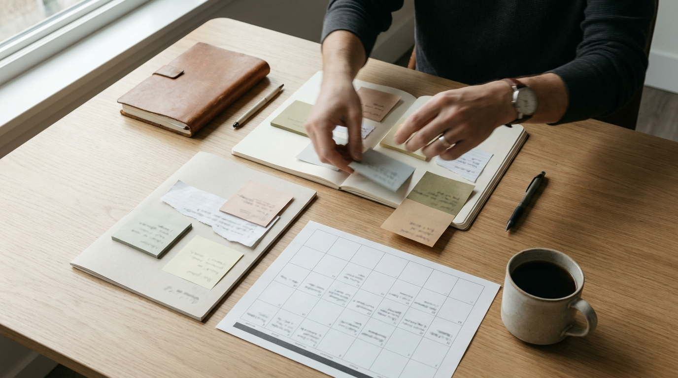 Hands laying out a 90-day website content and SEO plan on a desk with a printed calendar and sticky notes