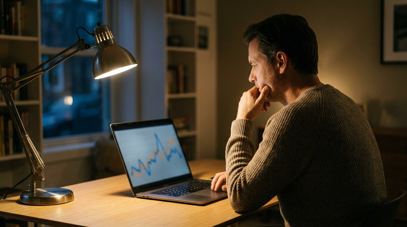 Small business owner reviewing a flat website traffic line on a laptop analytics dashboard at night