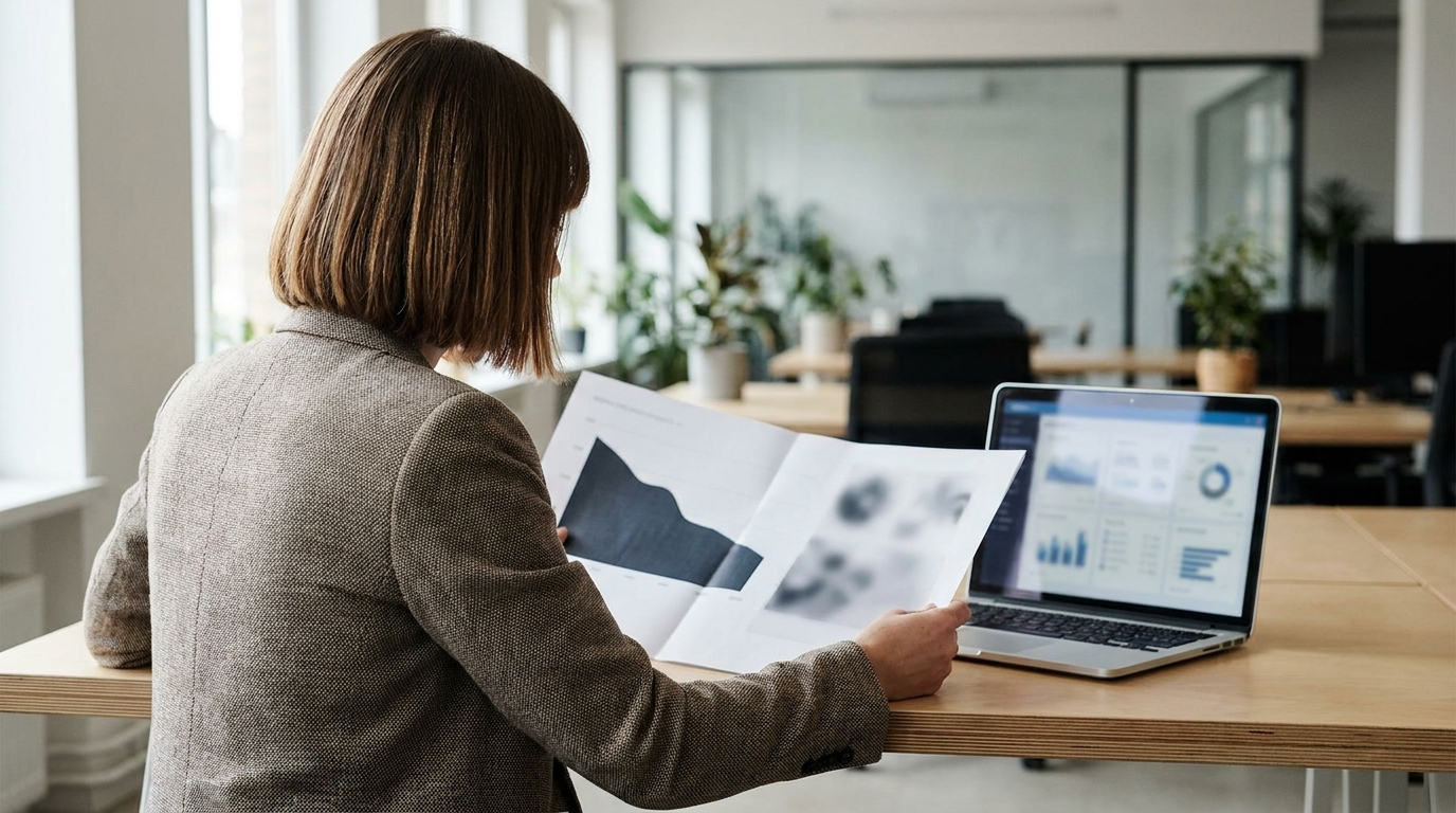 Marketing strategist reviewing a printed analytics report showing a declining organic click-through rate trend line