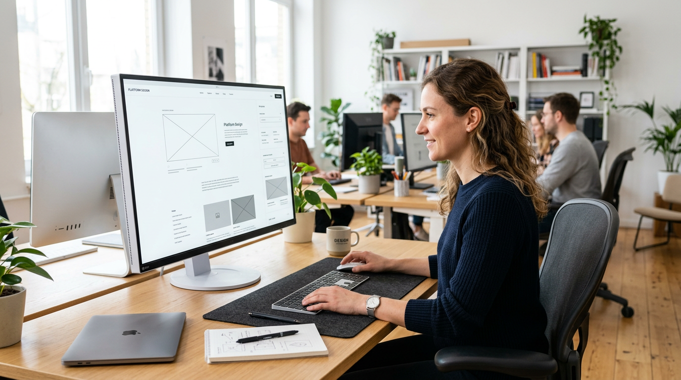 Designer refining a minimal website layout with generous white space on a large monitor