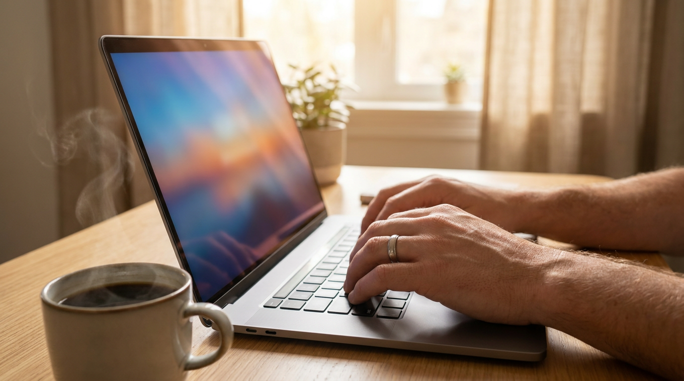 Hands typing a search question into a laptop, representing how users now ask questions answered directly by AI Overviews