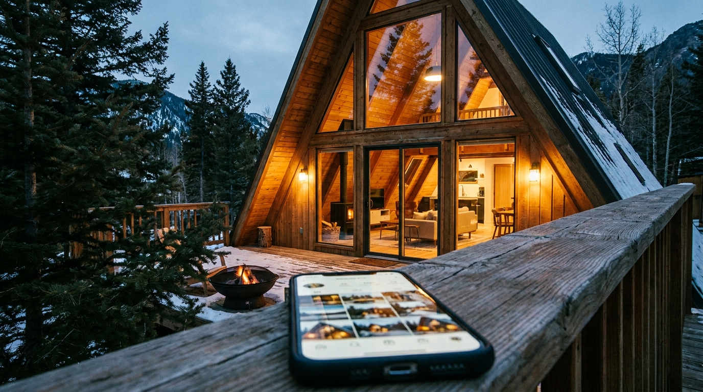 Short-term rental cabin with a phone showing a social media photo grid