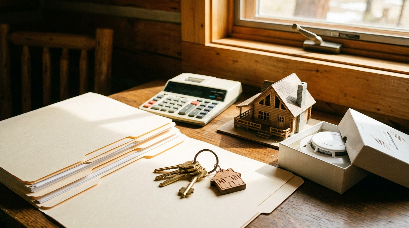 Host desk with licence paperwork, calculator, house keys and a smoke detector representing Alberta STR compliance costs