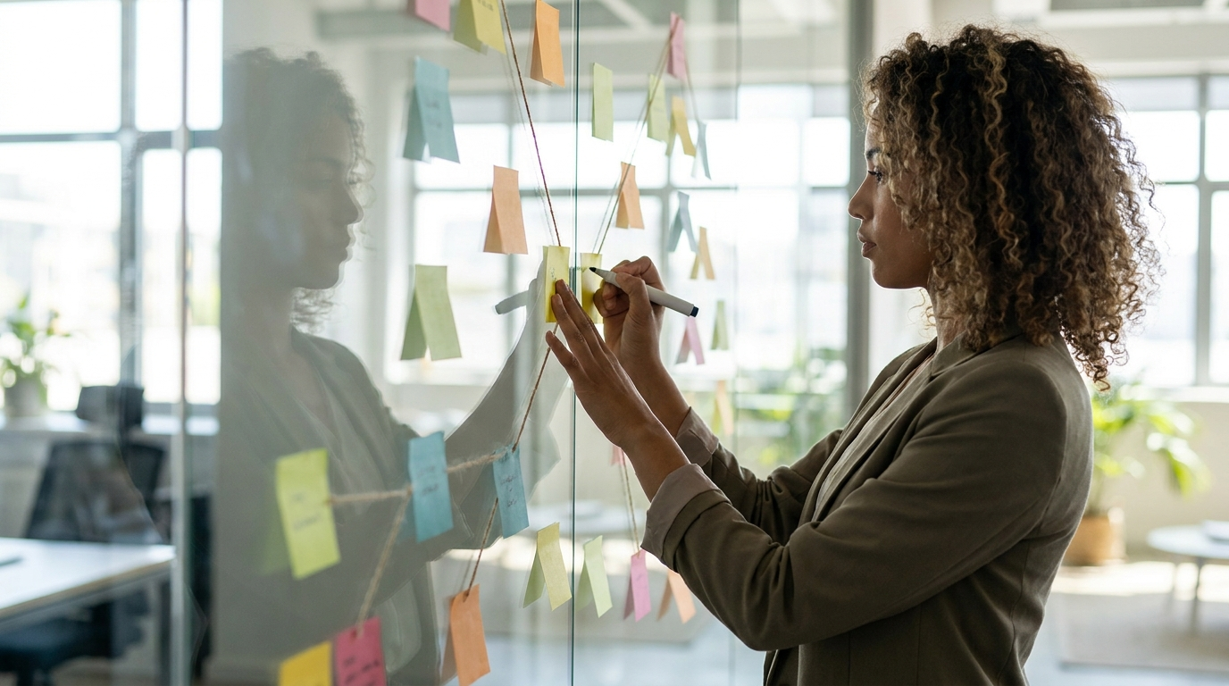 Strategist mapping a content topic cluster on a glass wall before starting link building