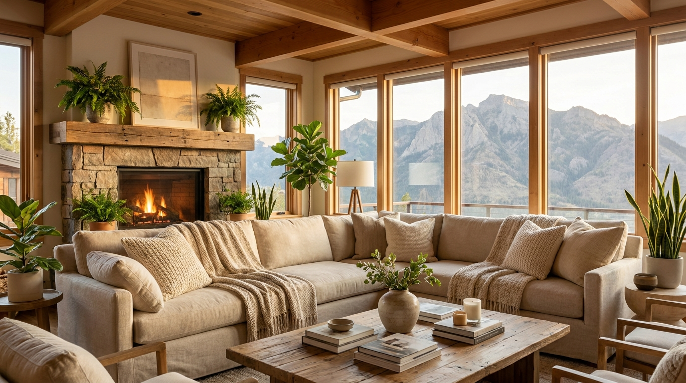 Bright, professionally staged vacation rental living room with mountain views, the kind of hero shot that earns clicks in Airbnb search