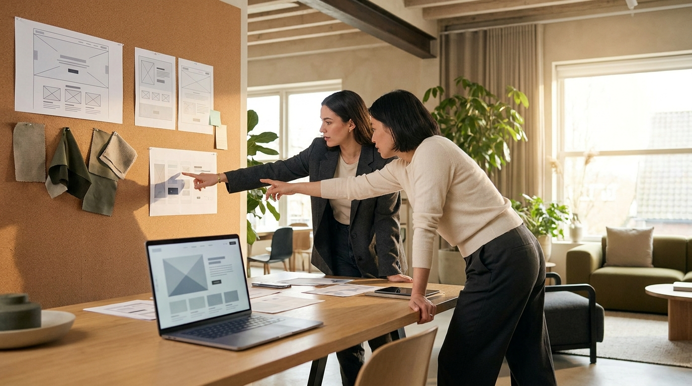 Two web designers reviewing a wireframe and brand style guide, the kind of custom process an agency provides
