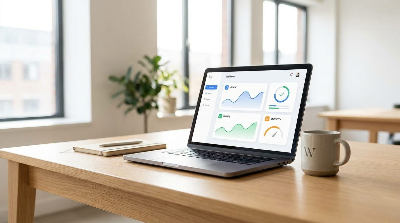 Laptop on a bright studio desk showing a website maintenance dashboard with update and security panels