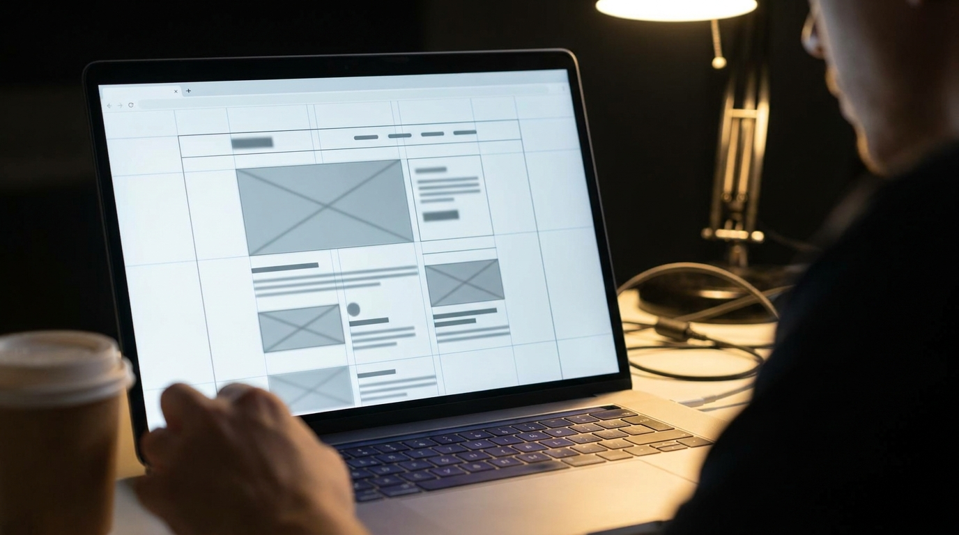 Web page wireframe with a visible spacing grid overlay on a laptop screen