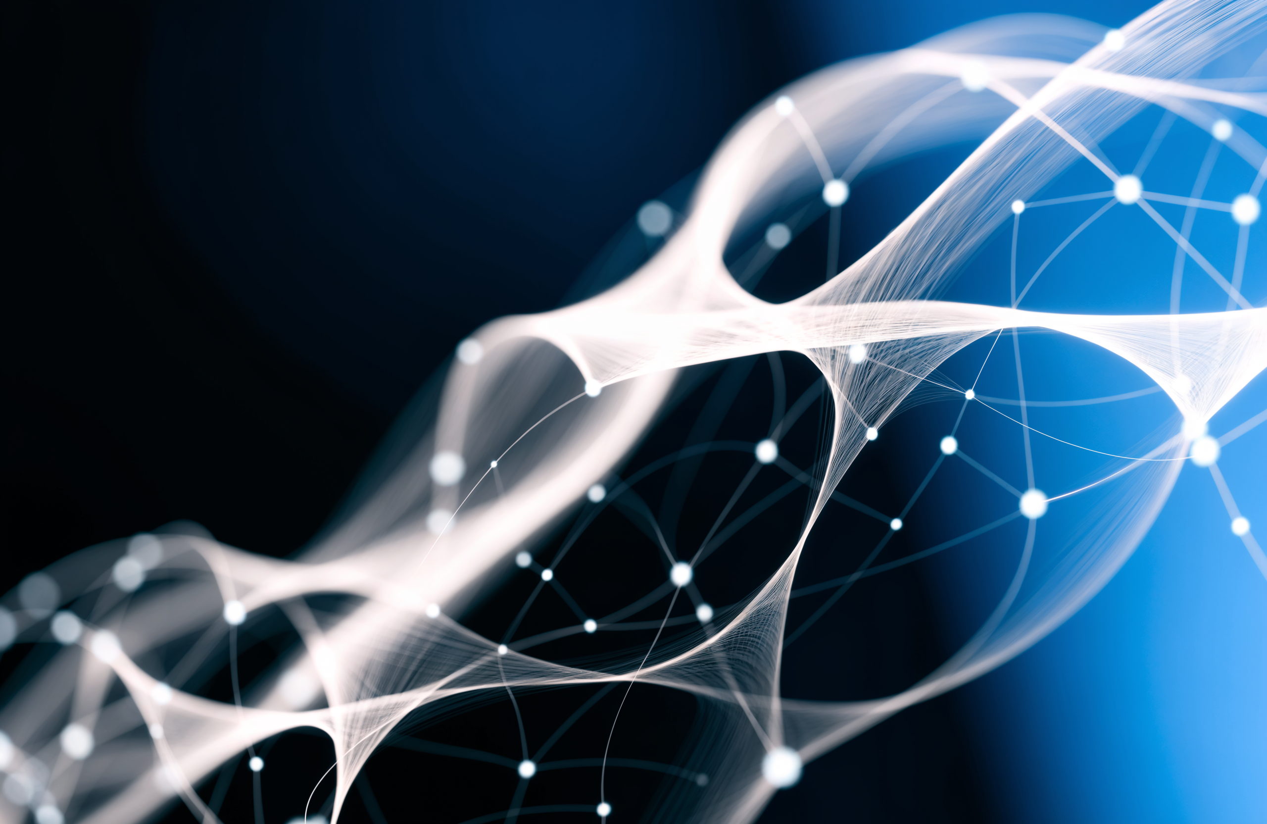 An abstract glowing neural network sculpture in navy and electric blue, representing the future of AI in business and marketing