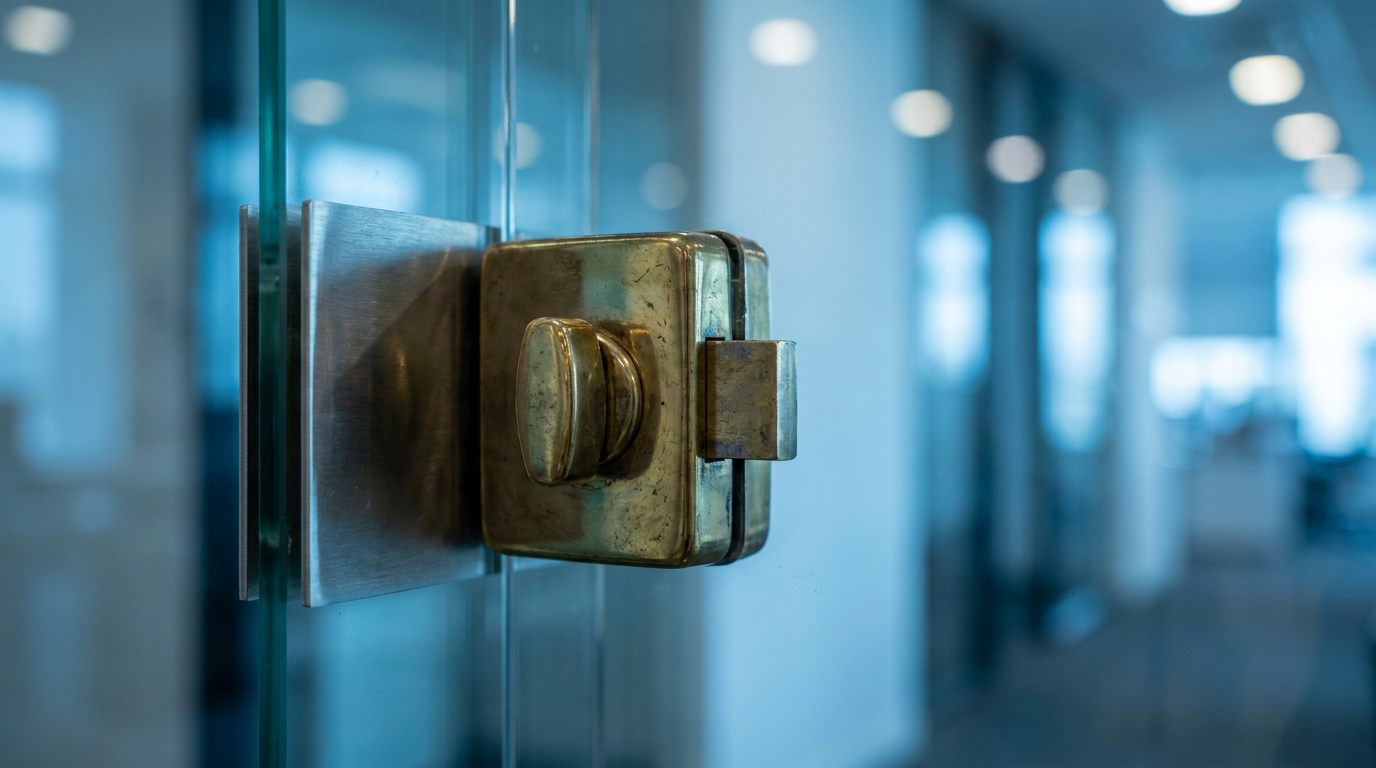 Deadbolt on a glass office door representing layered WordPress hardening after cleanup