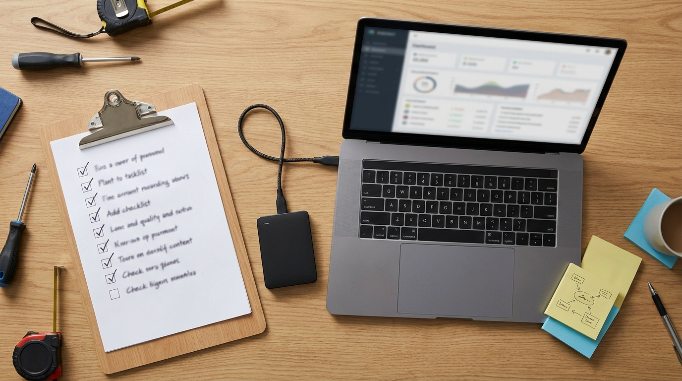 Overhead view of a systemized website maintenance workflow with a ticked checklist, laptop, and backup drive