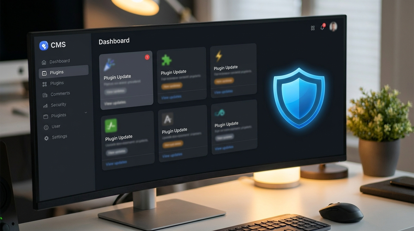 Desktop monitor showing a CMS admin dashboard with plugin update cards and a security shield icon