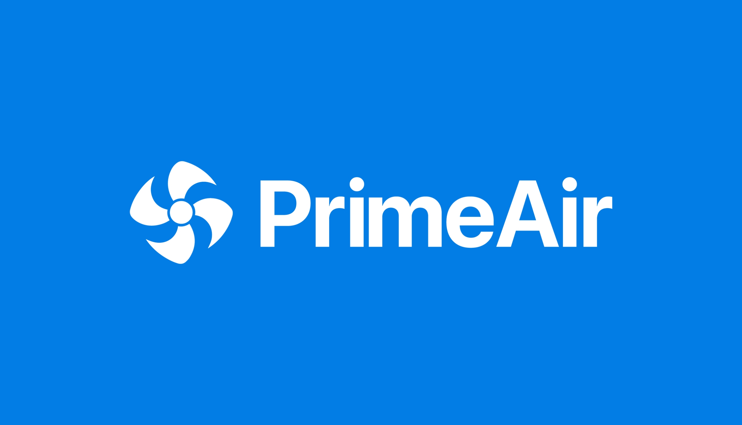 Prime Air card front, white on brand blue