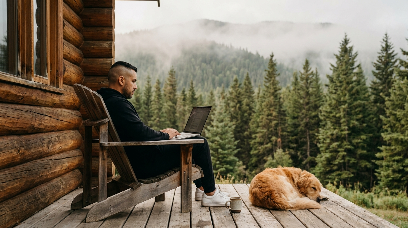 A founder working from a cabin deck, the version of the business that only exists once the systems run without you