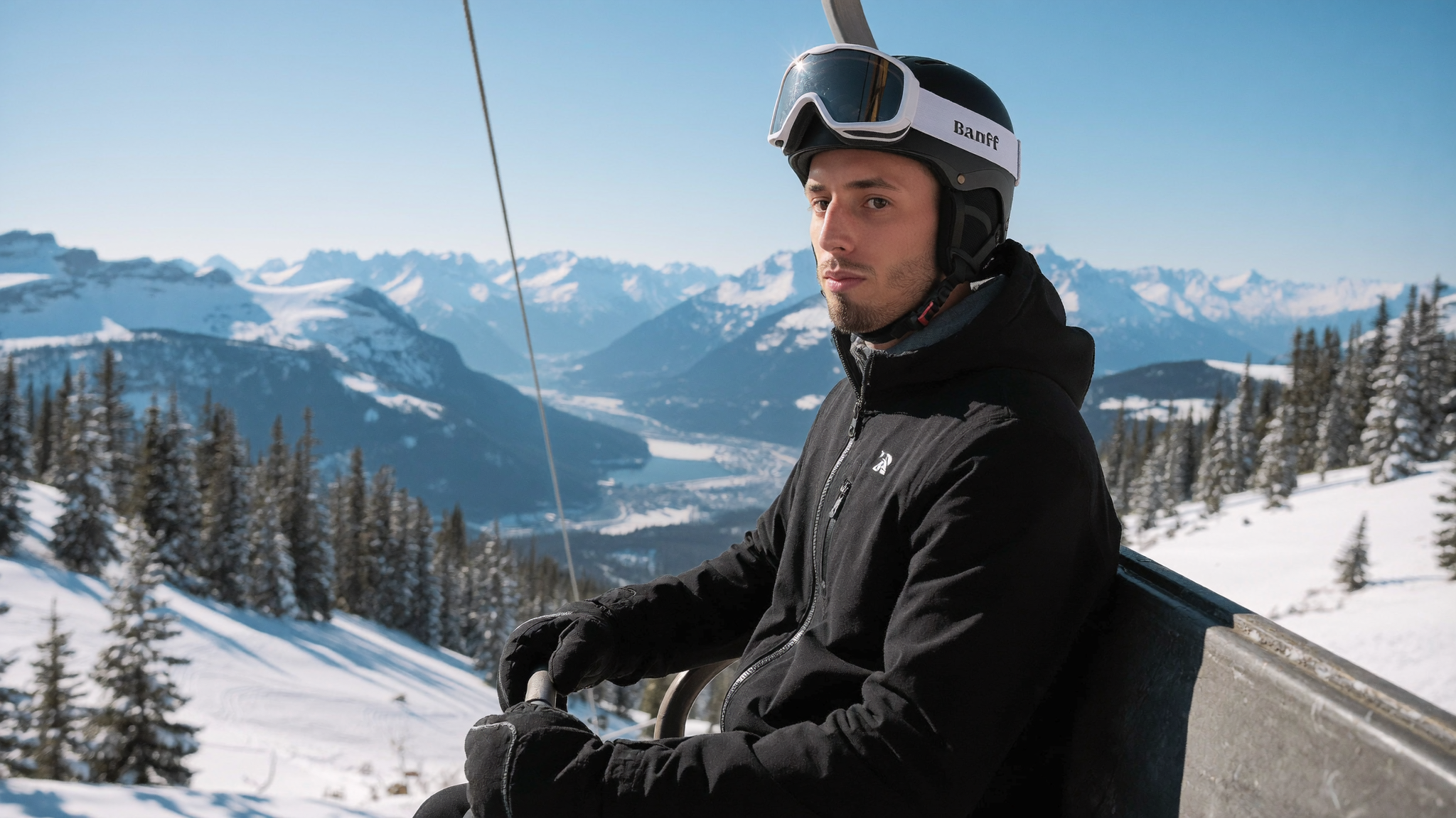 AI generated image of Cody Wise on a chairlift above snow-covered Banff terrain, showing the model handling gear and cold-weather lighting