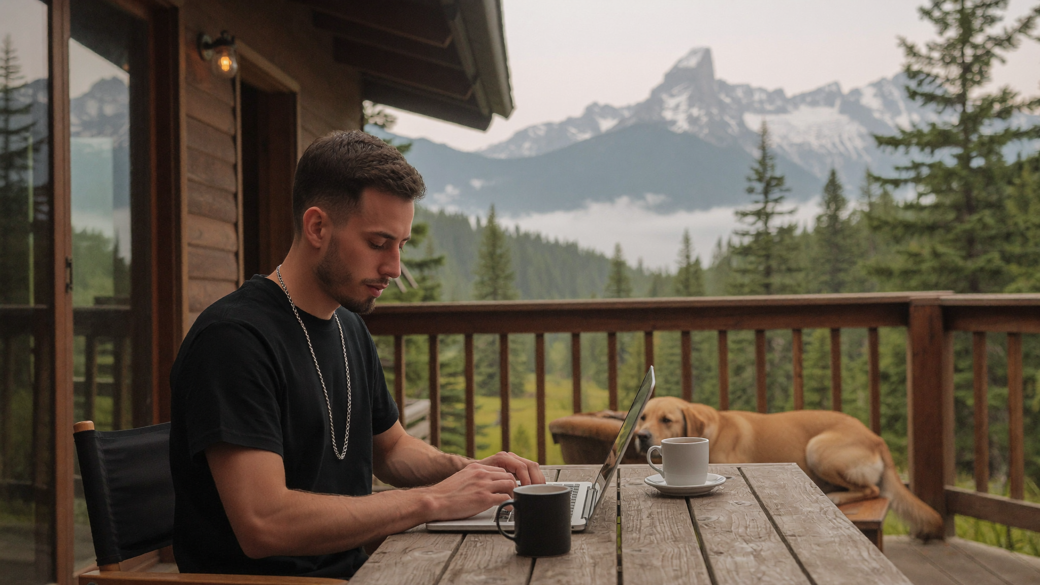 AI generated image of Cody Wise working on a laptop from a Rocky Mountain cabin deck, produced from a trained likeness model rather than a photoshoot