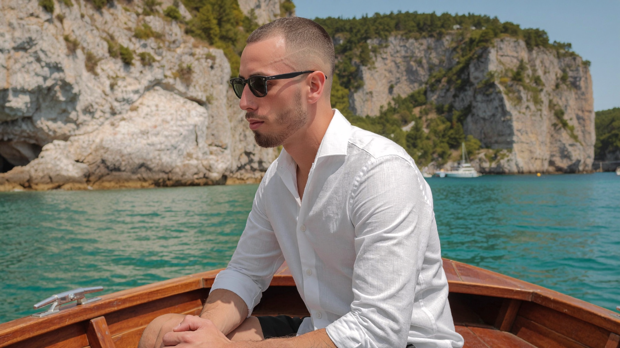 AI generated image of Cody Wise on a boat in turquoise Adriatic water, demonstrating the model in bright natural midday light