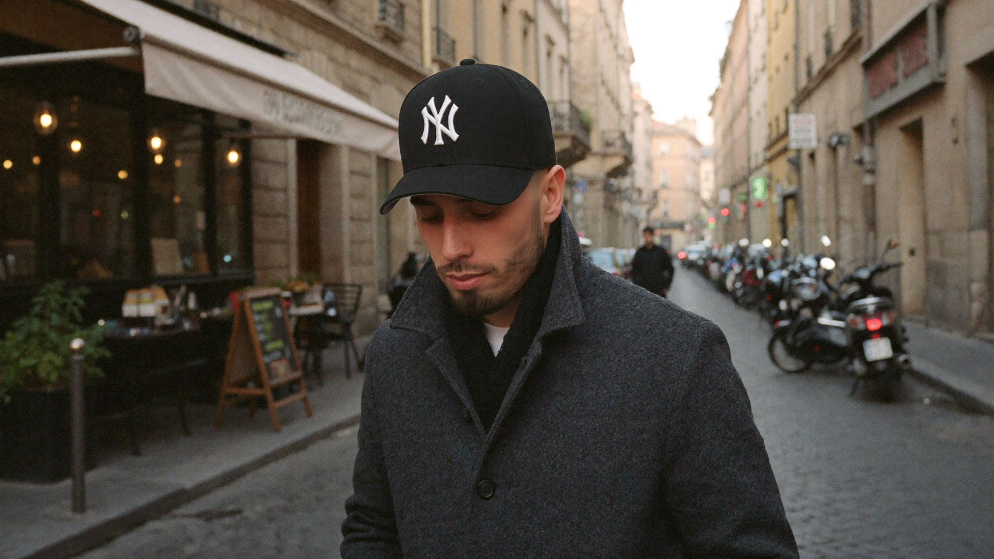 AI generated image of Cody Wise walking a cobblestone Rome street at dawn, showing the model in a full winter wardrobe change