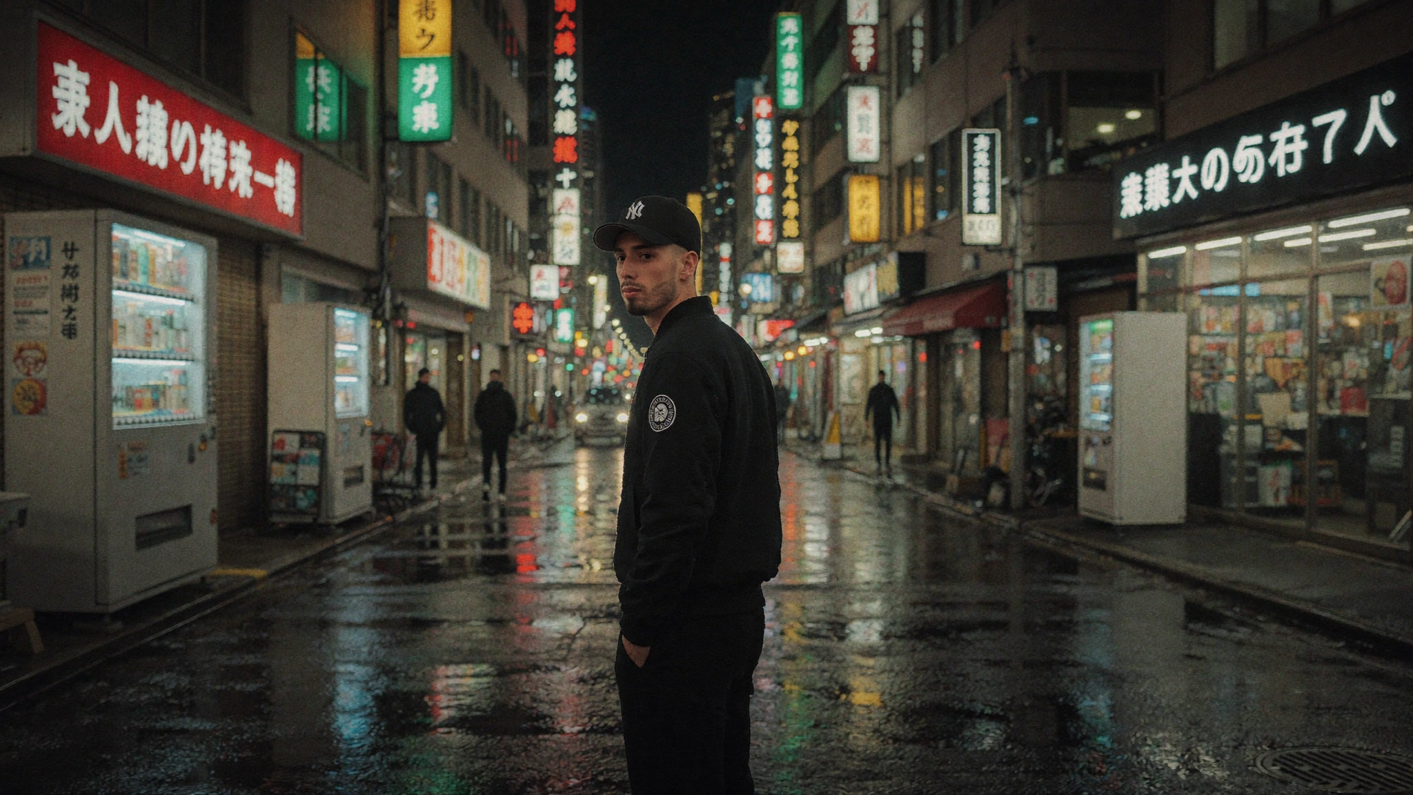 AI generated image of Cody Wise standing on a rain-slicked neon Tokyo street at night, a location the model placed him in without travel