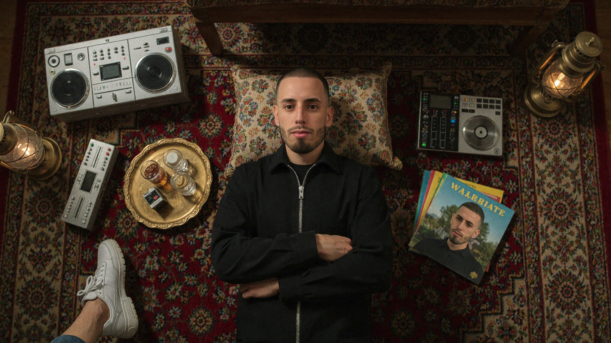 An overhead flat-lay portrait generated from a trained likeness model, shot on a Persian rug surrounded by music equipment