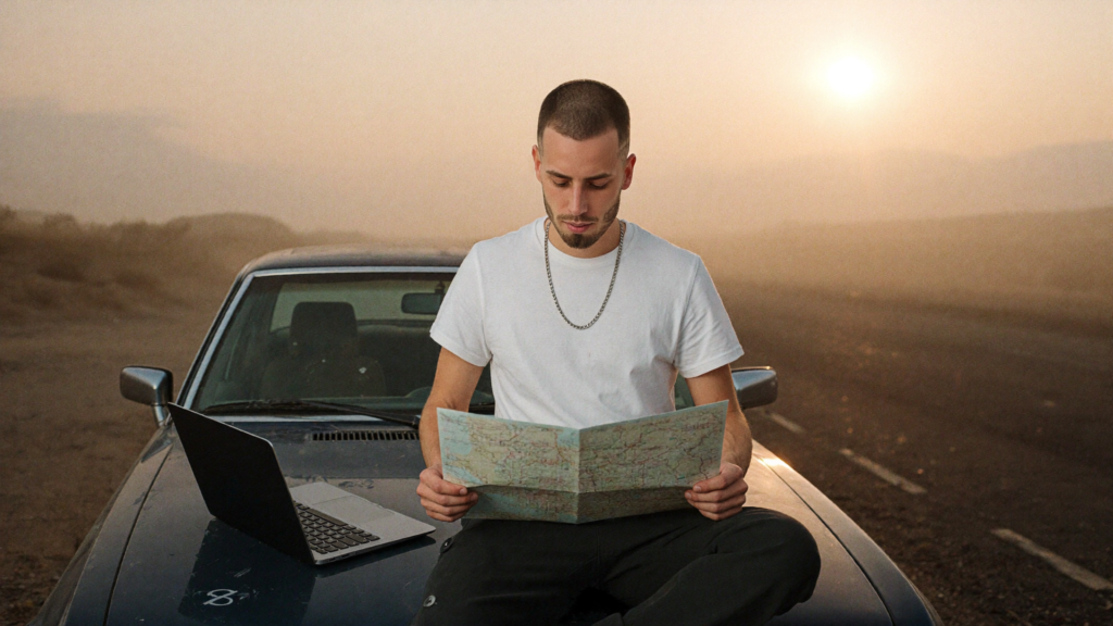 A man sitting cross-legged on the hood of a dust-covered car on an empty desert highway in hazy backlit low sun