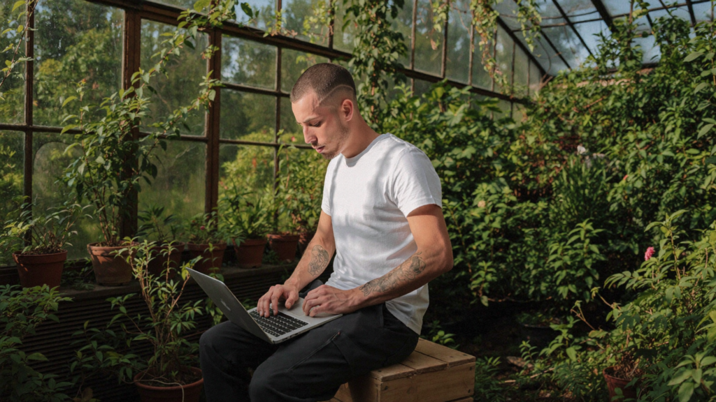 A man working on a laptop inside a humid overgrown Victorian greenhouse lit by a single hard shaft of afternoon sun