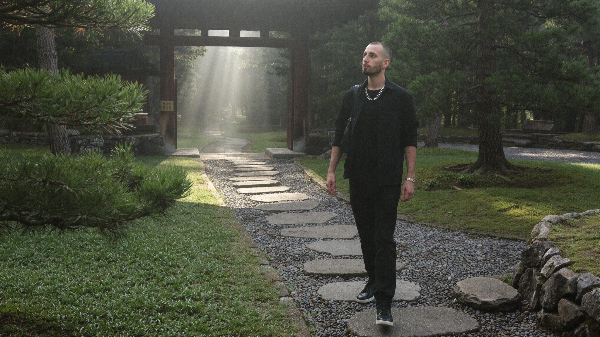 A lone figure on an empty temple path in early morning light, the deserted-at-dawn approach that makes AI landmark images hold up