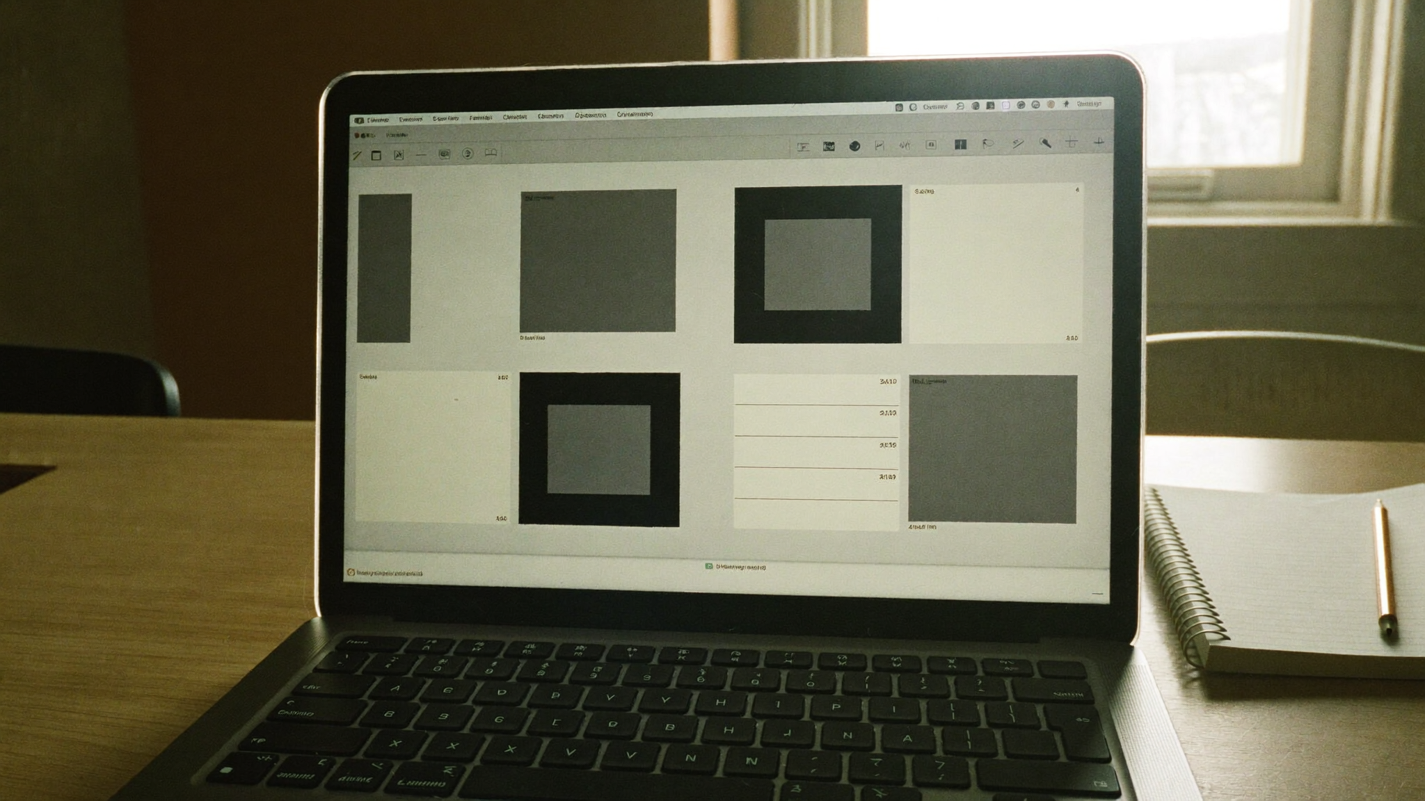 A laptop showing a greyscale page layout of empty content blocks