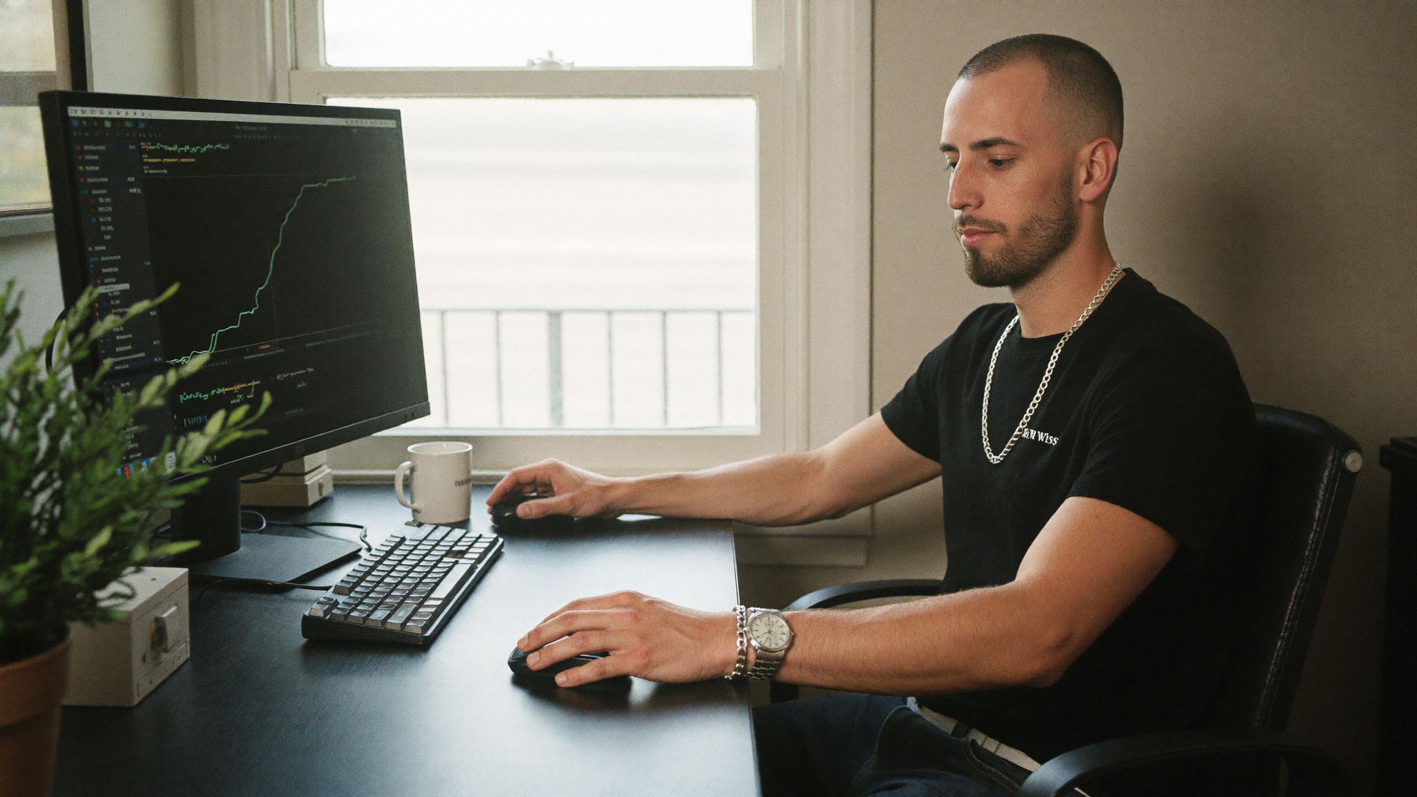 A founder at a home studio desk working on a wide monitor in mid morning light