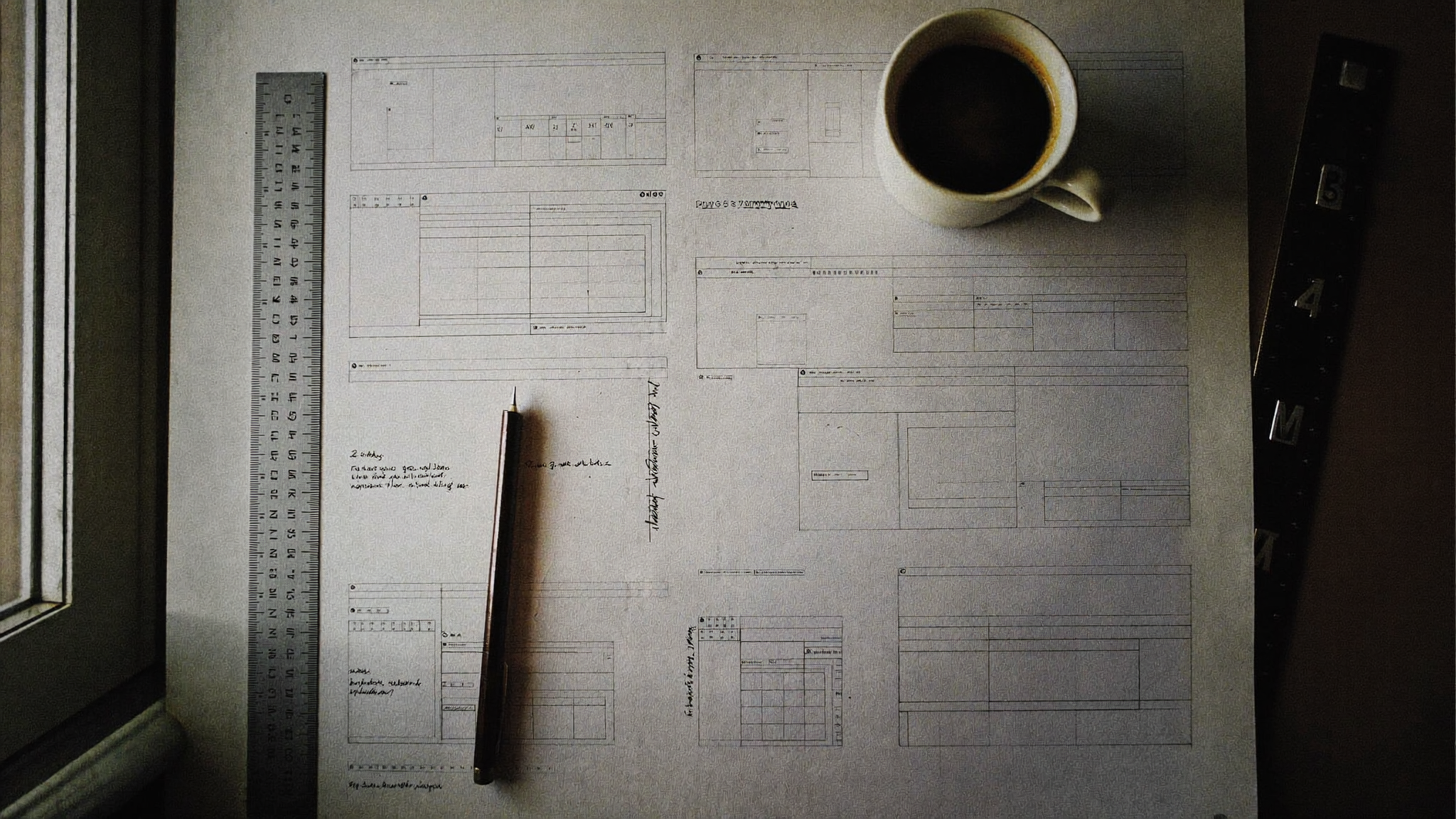 Hand-drawn wireframe boxes on paper, the layout stage that decides most of the timeline