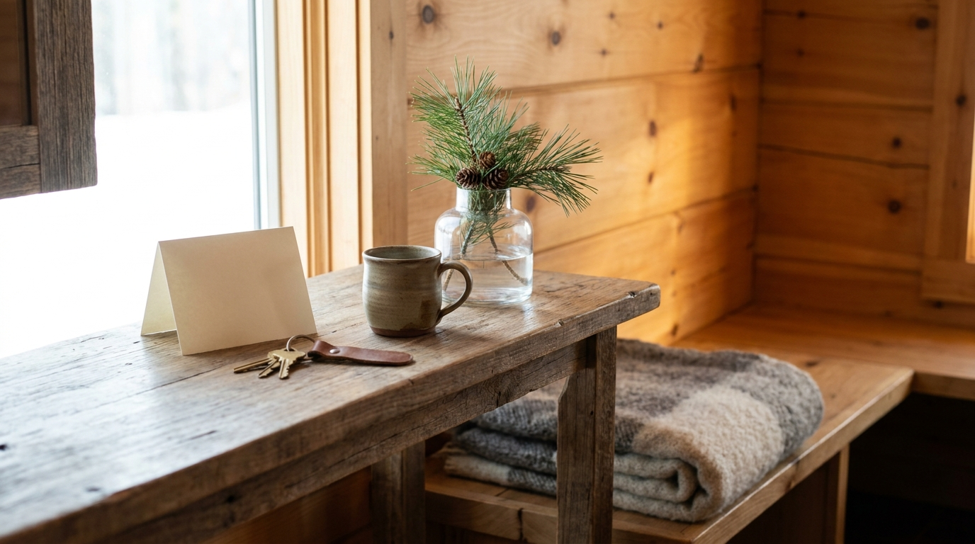 A blank welcome card, keys on a leather fob and a mug on the entry console of a mountain cabin rental
