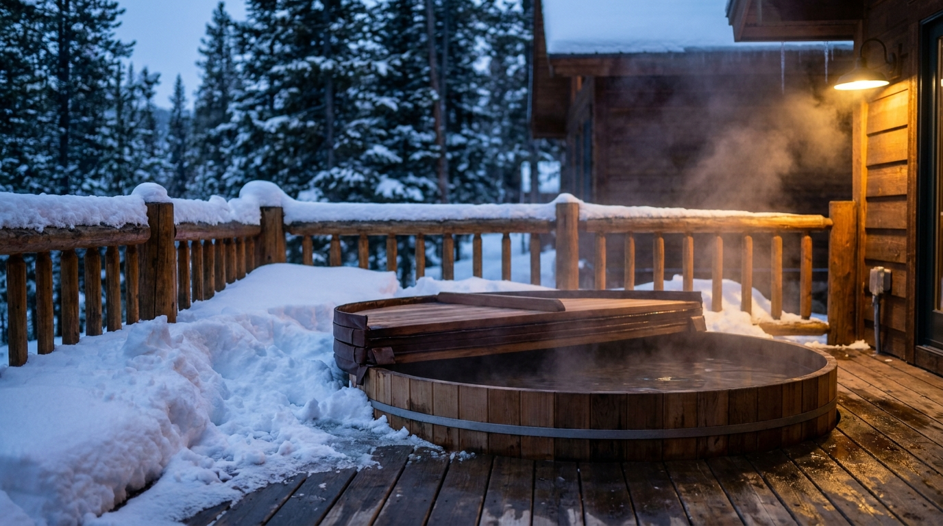 A cedar hot tub with steam rising on the snowy deck of a mountain cabin at dusk