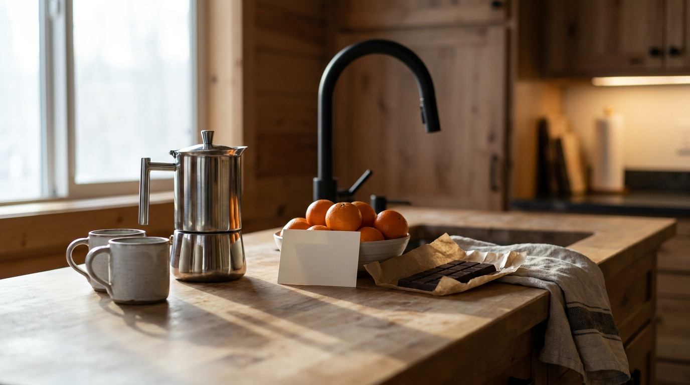A stovetop coffee pot, mugs, clementines and a blank card on a cabin kitchen counter at dawn