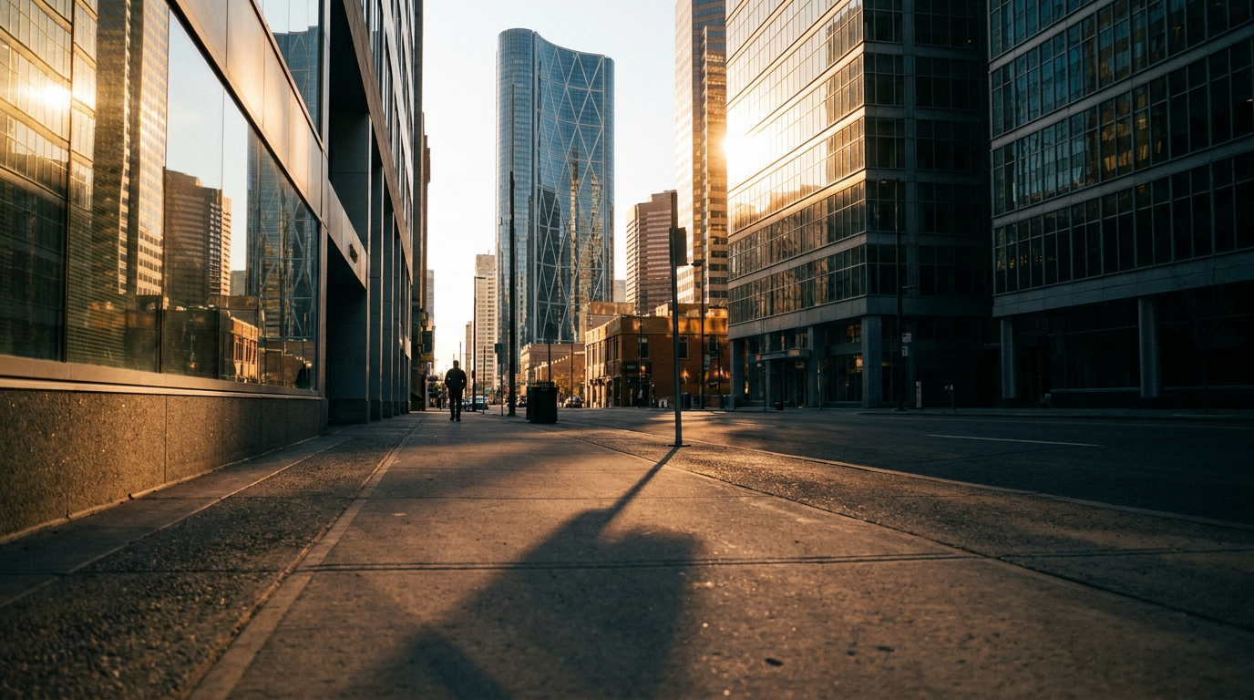 Downtown Calgary office towers catching low golden hour light