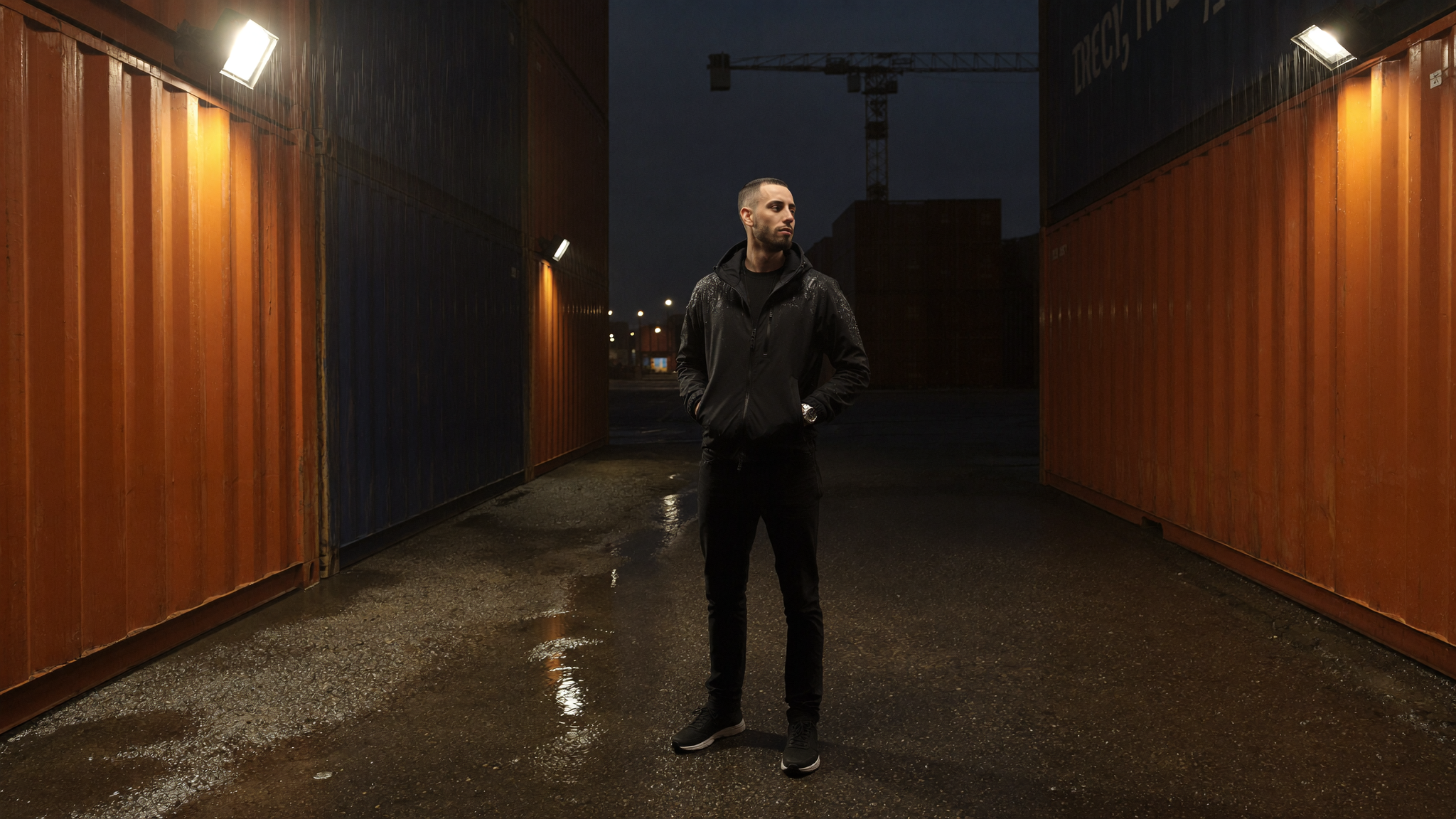 A man standing between stacked shipping containers in the rain under amber sodium vapour lights at a port