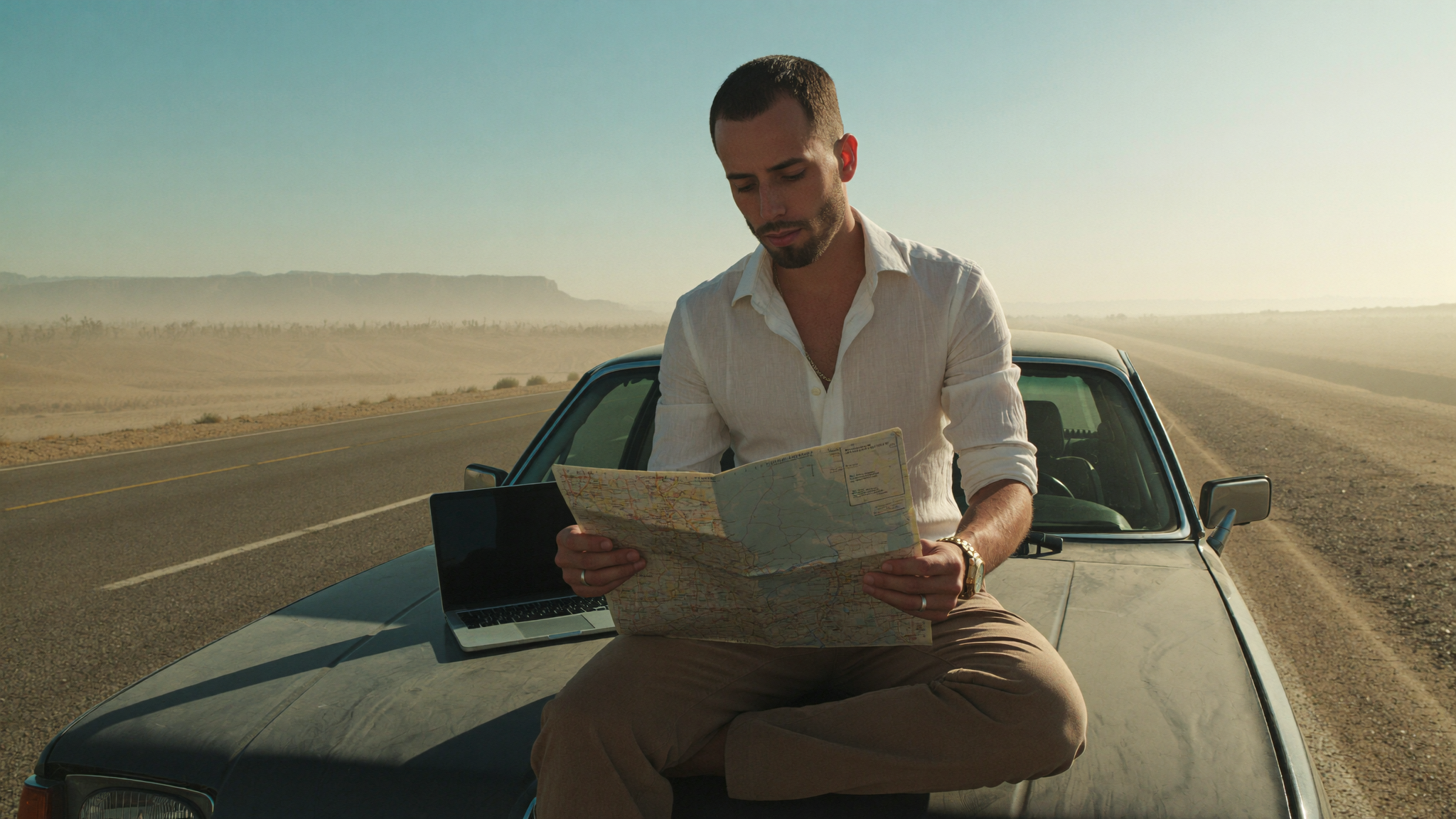A man sitting cross-legged on the hood of a dust-covered car on an empty desert highway in hazy backlit low sun