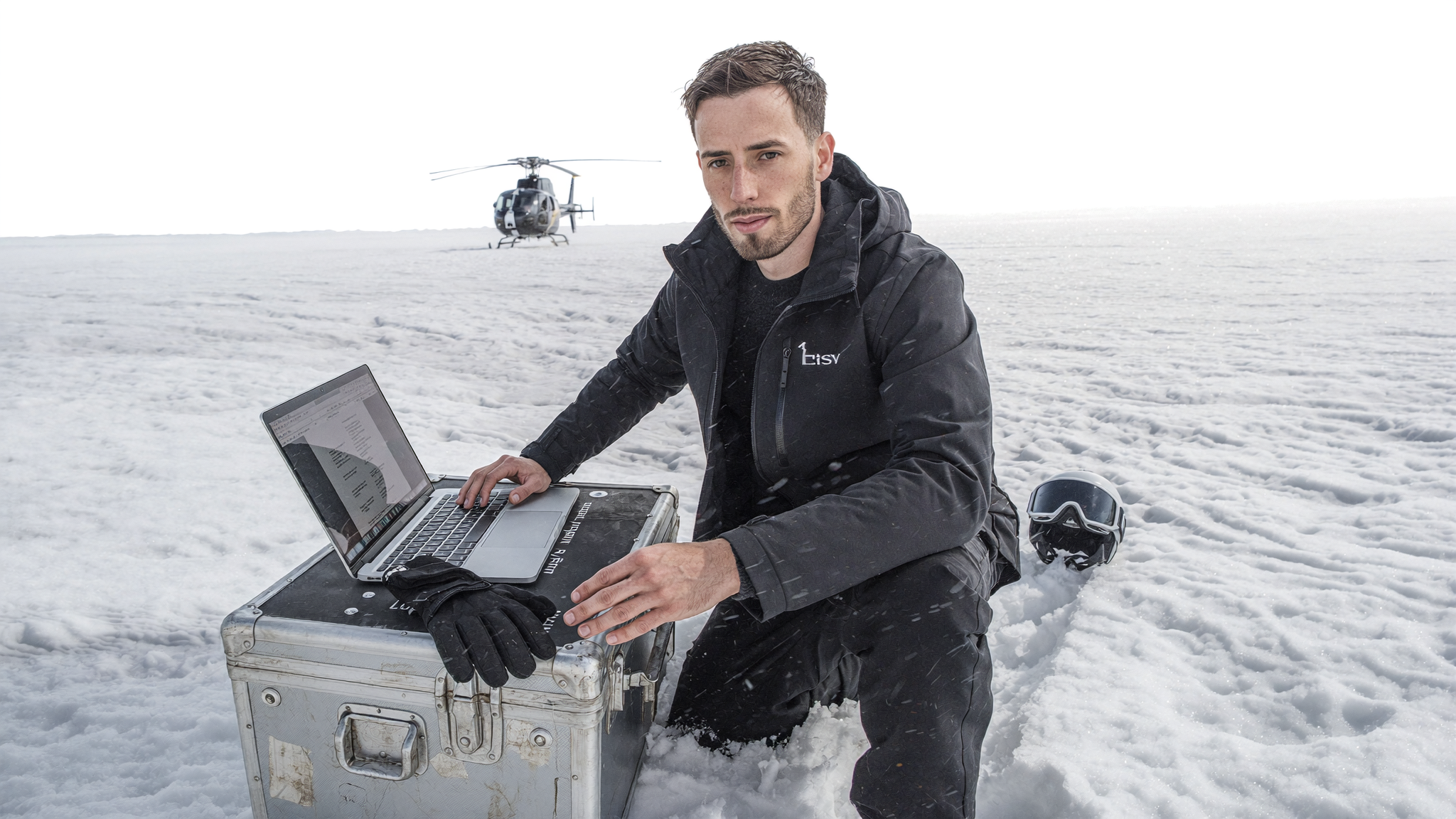 A man crouched over a laptop on an equipment case on a glacier snowfield in flat high-key overcast light